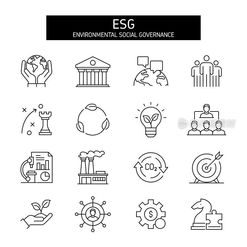 ESG -环境，社会和治理线图标集。可持续发展，政府，保护。